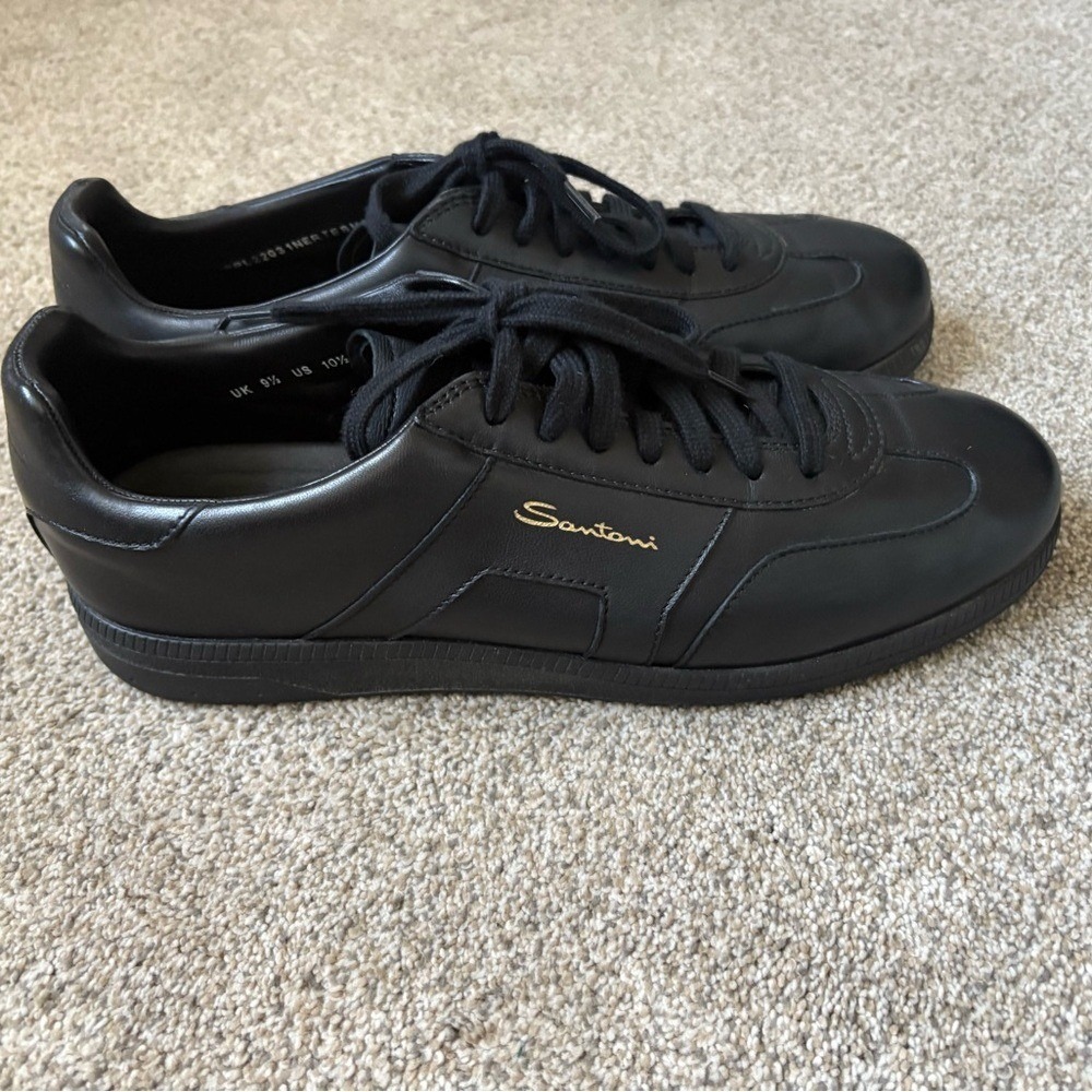 Santoni - Men's Calf Leather Almond Toe DBS Oly Sneakers - Size 10.5 - Black - Picture 3 of 10